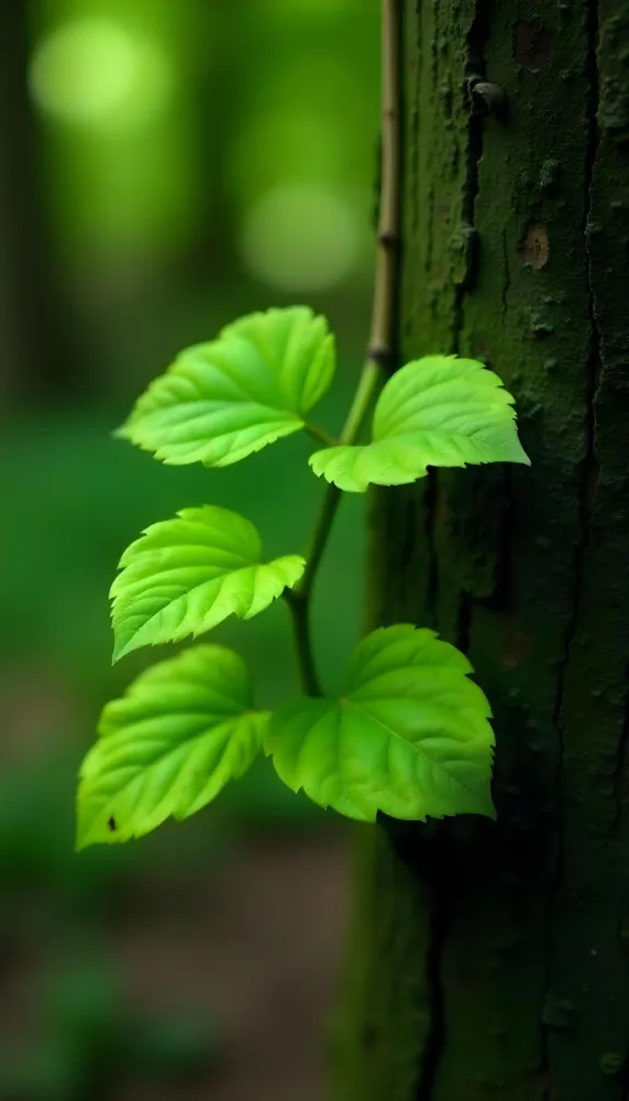 Three Green Leaves Growing From A Tree Trunk The Leaves Are Bright Green And Healthy The Tree Trunk Is Green And Weathered Nature Concept 27 Ba9d