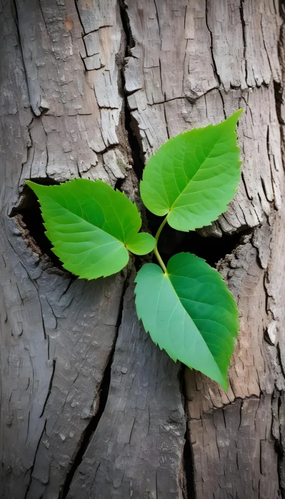Three Green Leaves Growing From A Tree Trunk The Leaves Are Bright Green And Healthy The Tree Trunk Is Green And Weathered Nature Concept 32 6639
