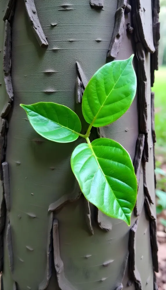 Three Green Leaves Growing From A Tree Trunk The Leaves Are Bright Green And Healthy The Tree Trunk Is Green And Weathered Nature Concept 36 2361