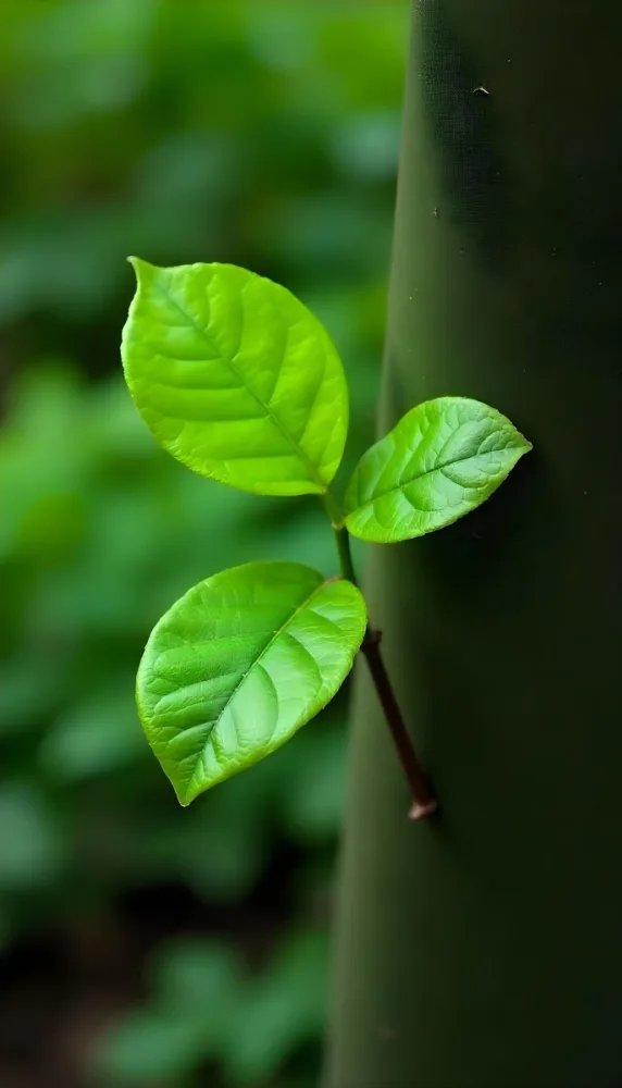 Three Green Leaves Growing From A Tree Trunk The Leaves Are Bright Green And Healthy The Tree Trunk Is Green And Weathered Nature Concept 42 2fa3