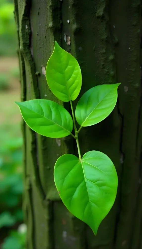 Three Green Leaves Growing From A Tree Trunk The Leaves Are Bright Green And Healthy The Tree Trunk Is Green And Weathered Nature Concept 47 11f7