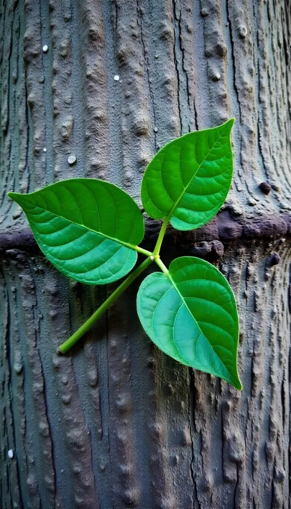 Three Green Leaves Growing From A Tree Trunk The Leaves Are Bright Green And Healthy The Tree Trunk Is Green And Weathered Nature Concept 5 6588