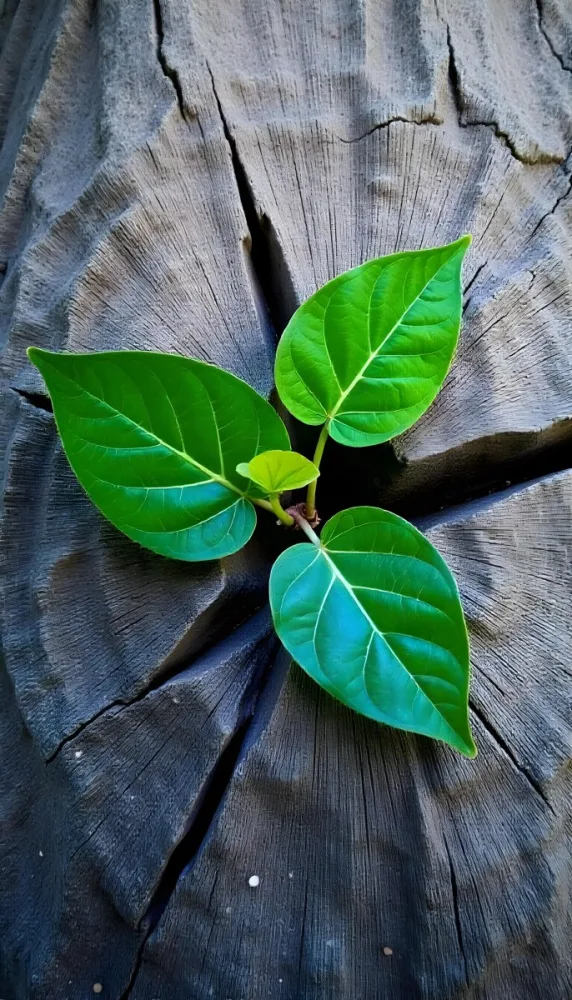 Three Green Leaves Growing From A Tree Trunk The Leaves Are Bright Green And Healthy The Tree Trunk Is Green And Weathered Nature Concept 8 C730