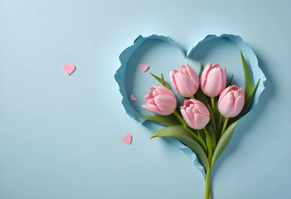 Three Pink Tulips Inside A Heart Shaped Hole With Some Paper Hearts Around In A Light Blue Background 5 D6c5