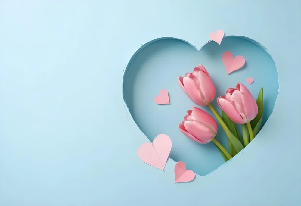 Three Pink Tulips Inside A Heart Shaped Hole With Some Paper Hearts Around In A Light Blue Background 6 07c3