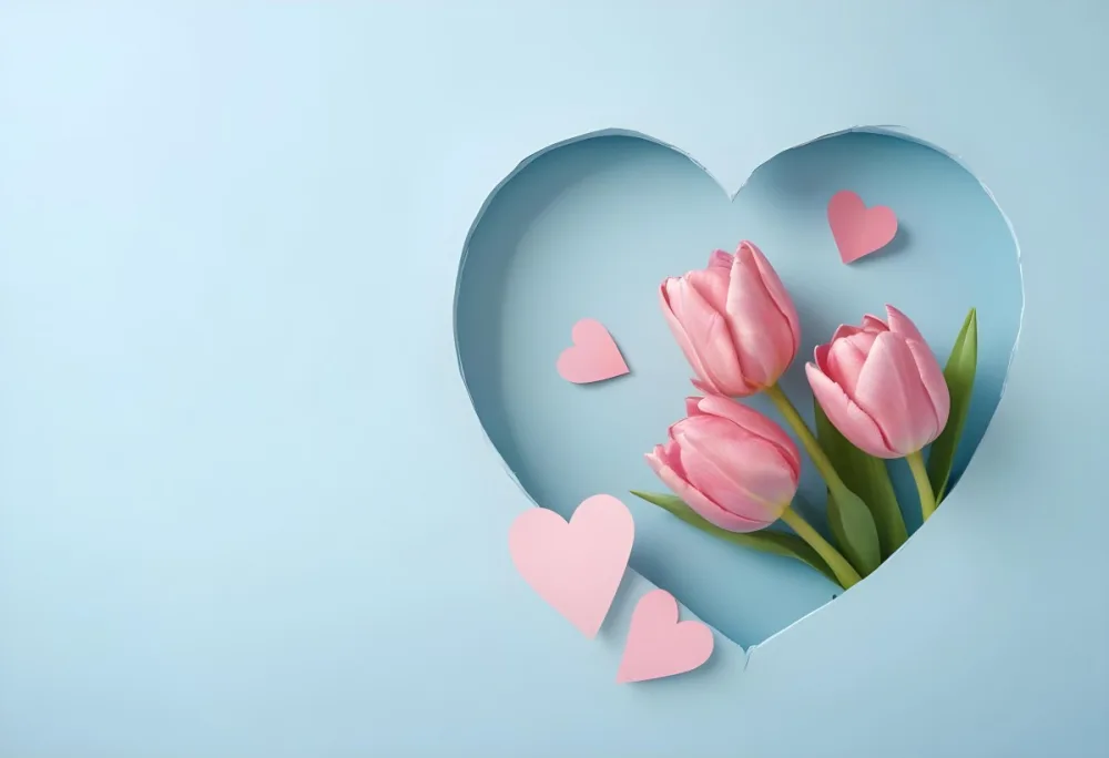 Three Pink Tulips Inside A Heart Shaped Hole With Some Paper Hearts Around In A Light Blue Background 8 2725
