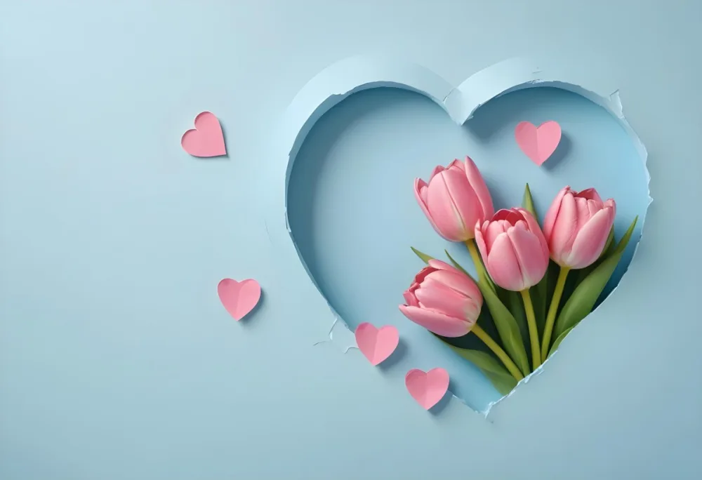 Three Pink Tulips Inside A Heart Shaped Hole With Some Paper Hearts Around In A Light Blue Background 9 4867