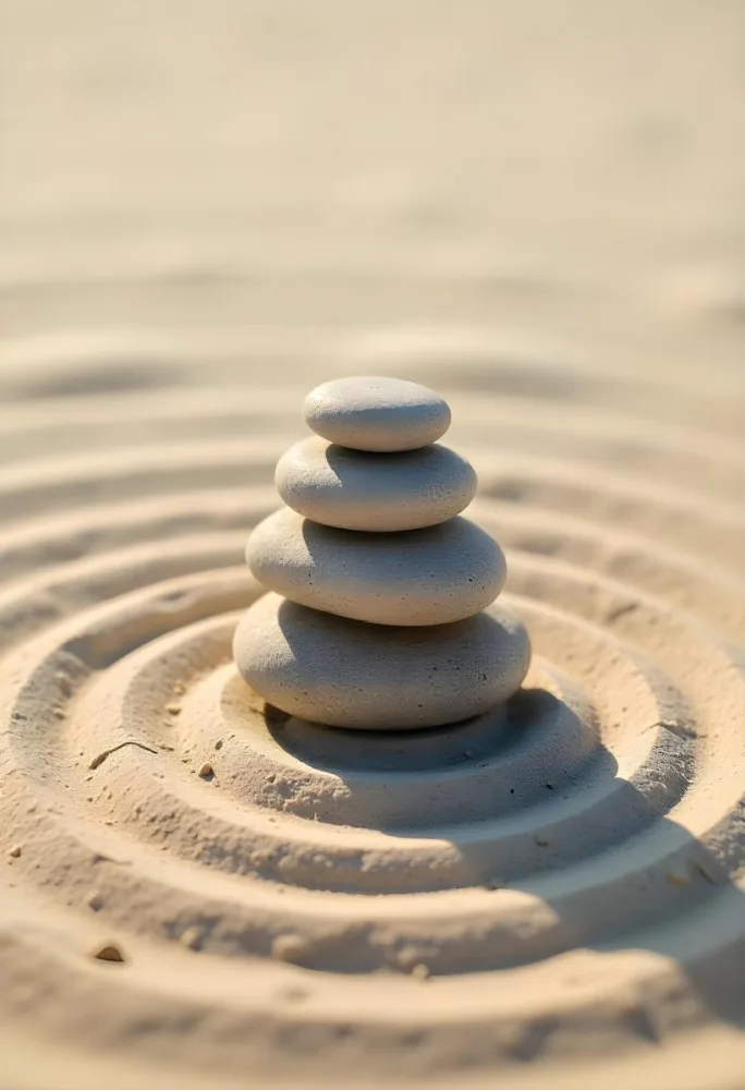 Three Stacked Stones On Sand With Concentric Circles The Background Is Made Of Sand With Parallel Circles 1 Ffa8