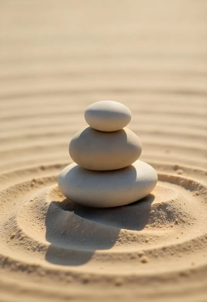 Three Stacked Stones On Sand With Concentric Circles The Background Is Made Of Sand With Parallel Circles 20 11bd