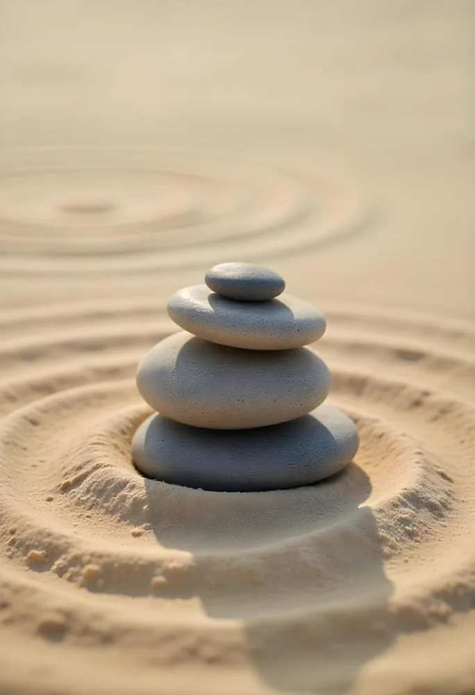 Three Stacked Stones On Sand With Concentric Circles The Background Is Made Of Sand With Parallel Circles 27 A44e