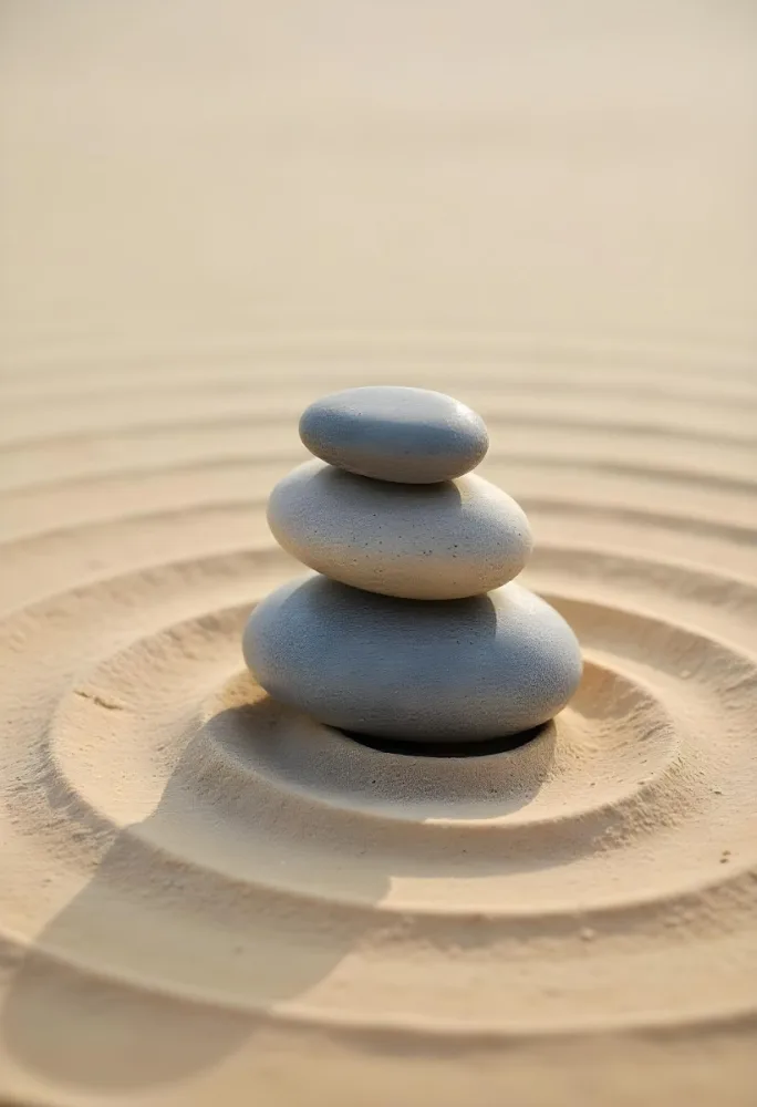 Three Stacked Stones On Sand With Concentric Circles The Background Is Made Of Sand With Parallel Circles 30 716d