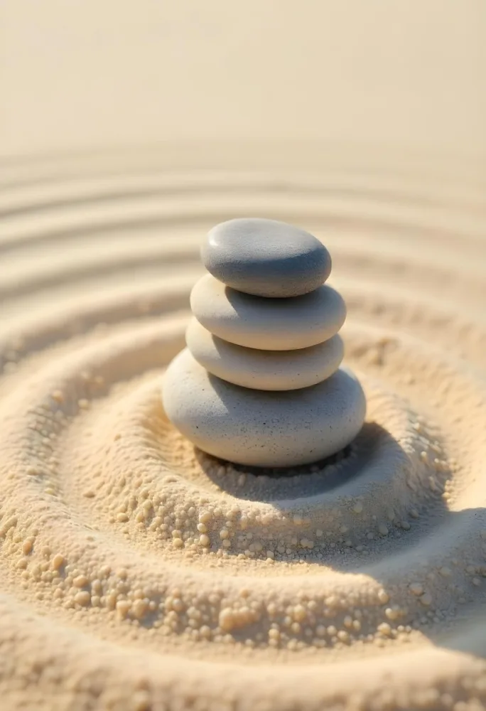 Three Stacked Stones On Sand With Concentric Circles The Background Is Made Of Sand With Parallel Circles 37 4aef