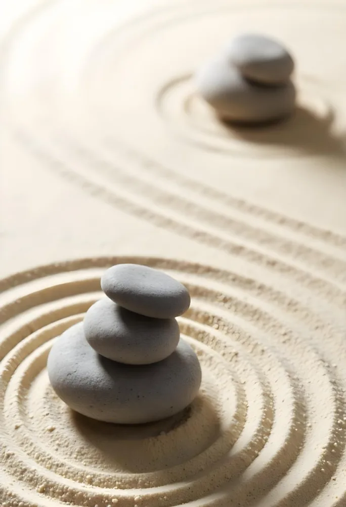 Three Stacked Stones On Sand With Concentric Circles The Background Is Made Of Sand With Parallel Circles 4 58e6