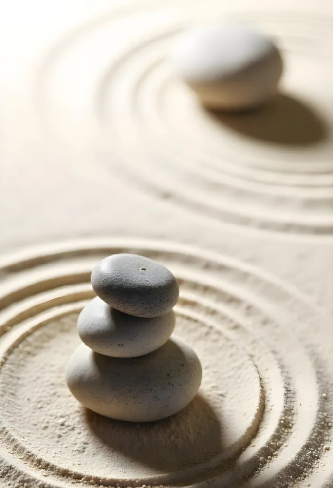 Three Stacked Stones On Sand With Concentric Circles The Background Is Made Of Sand With Parallel Circles 5 8025