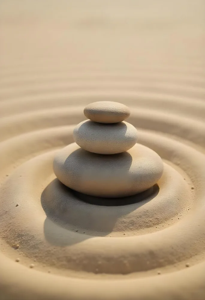 Three Stacked Stones On Sand With Concentric Circles The Background Is Made Of Sand With Parallel Circles 5 Ae71