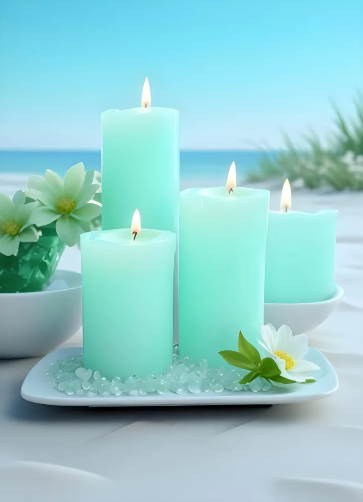 Three White Candles Of Different Sizes On A White Tray With Light Green Crystals And A Light Green Bowl With Flowers In A Beach 1 61ec