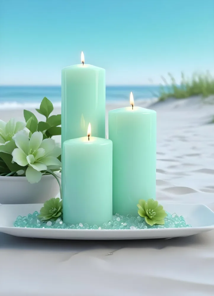 Three White Candles Of Different Sizes On A White Tray With Light Green Crystals And A Light Green Bowl With Flowers In A Beach 10 4002