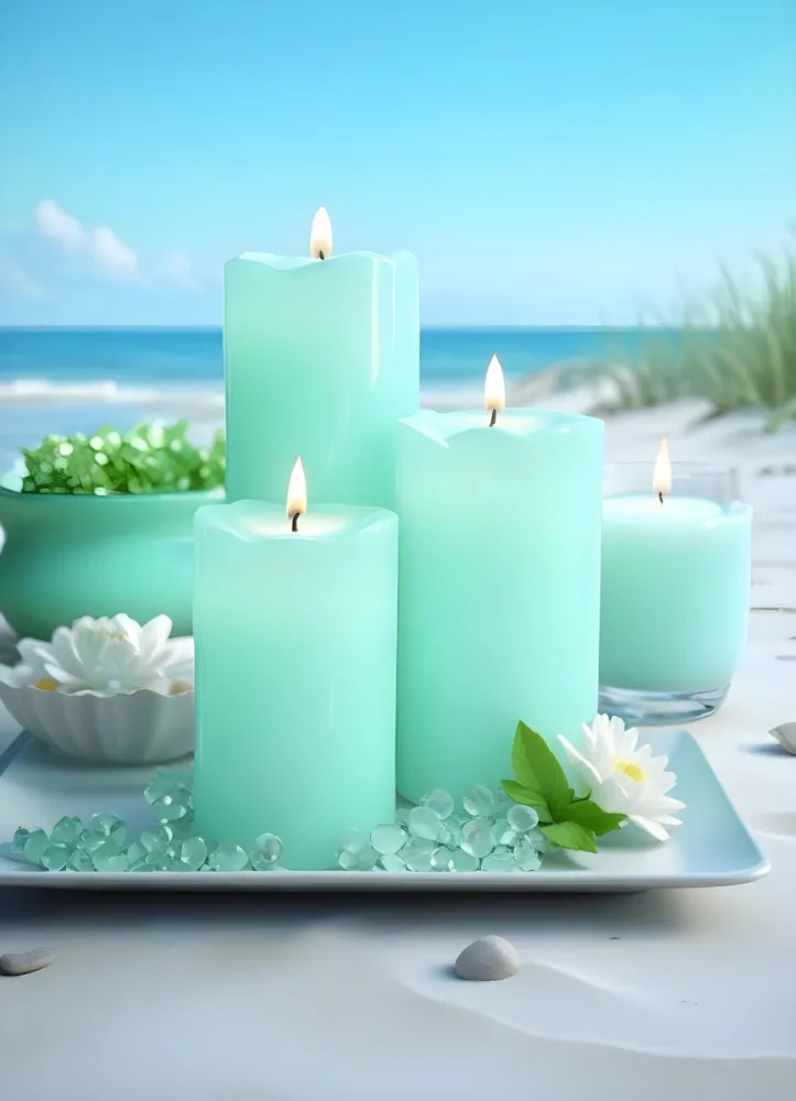 Three White Candles Of Different Sizes On A White Tray With Light Green Crystals And A Light Green Bowl With Flowers In A Beach 11 2416