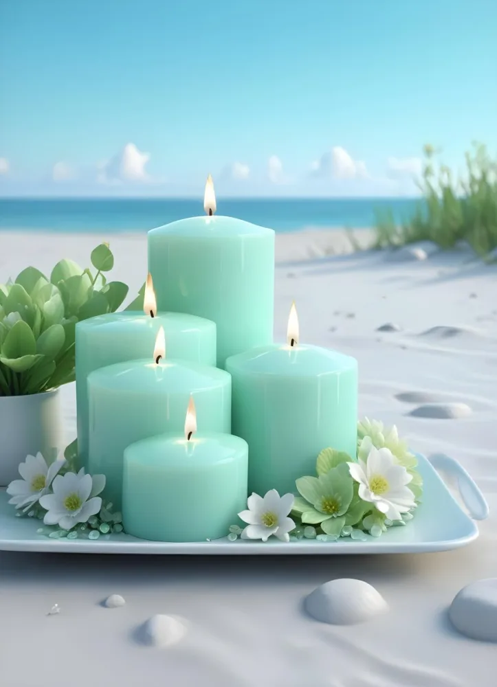 Three White Candles Of Different Sizes On A White Tray With Light Green Crystals And A Light Green Bowl With Flowers In A Beach 14 350c