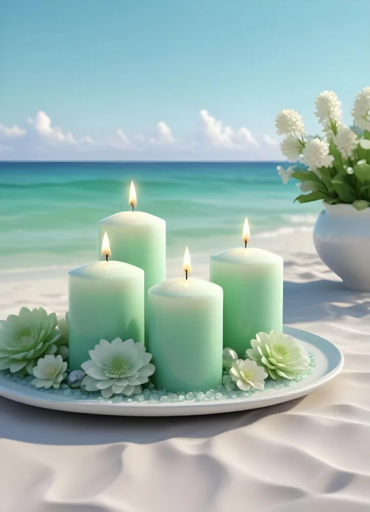 Three White Candles Of Different Sizes On A White Tray With Light Green Crystals And A Light Green Bowl With Flowers In A Beach 16 A4f1