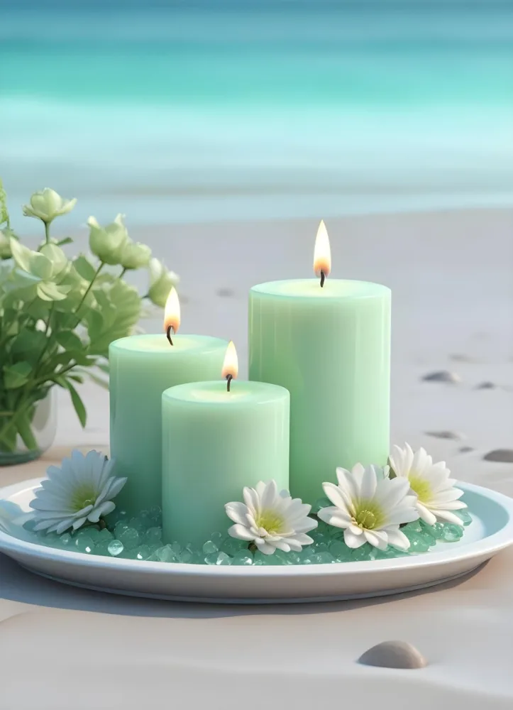 Three White Candles Of Different Sizes On A White Tray With Light Green Crystals And A Light Green Bowl With Flowers In A Beach 26 F96a