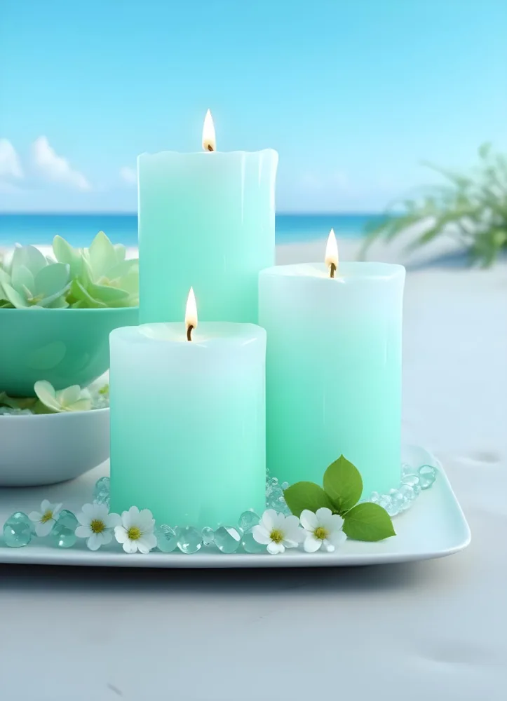 Three White Candles Of Different Sizes On A White Tray With Light Green Crystals And A Light Green Bowl With Flowers In A Beach 3 Be10