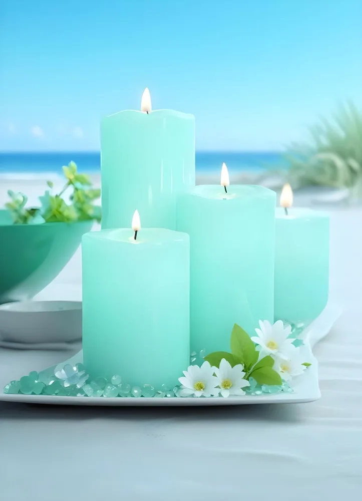Three White Candles Of Different Sizes On A White Tray With Light Green Crystals And A Light Green Bowl With Flowers In A Beach 5 Ca75