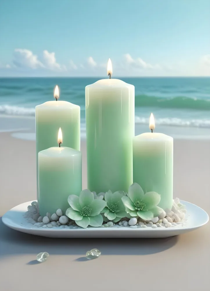 Three White Candles Of Different Sizes On A White Tray With Light Green Crystals And A Light Green Bowl With Flowers In A Beach 8 D7b1
