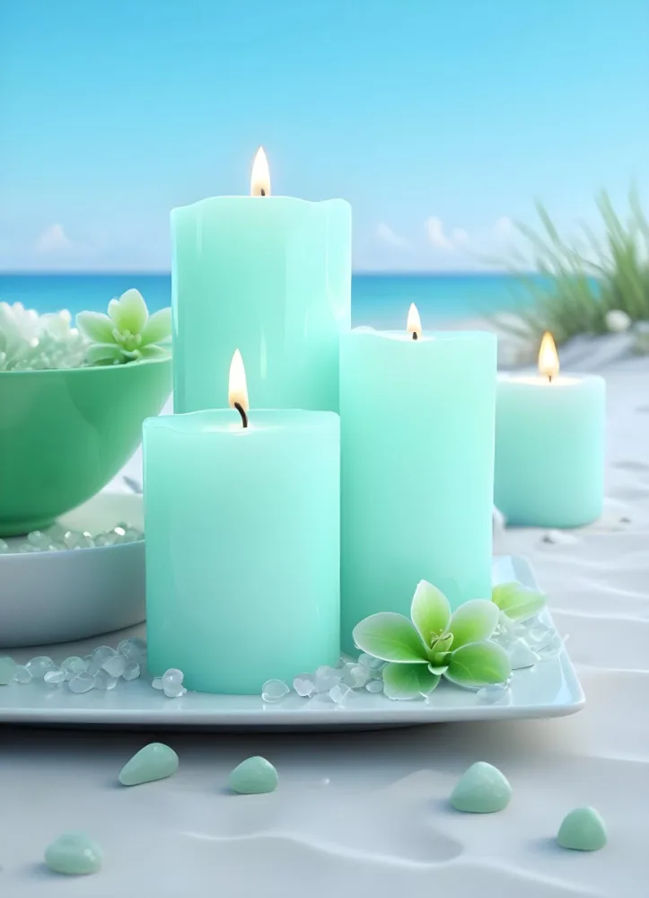 Three White Candles Of Different Sizes On A White Tray With Light Green Crystals And A Light Green Bowl With Flowers In A Beach 9 C928