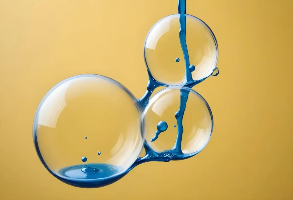 Transparent Bubbles With Blue Liquid Inside Floating In The Air Yellow Background Macro Photography Studio Shot Product Photography Clean And Minimalist 11 D0a6
