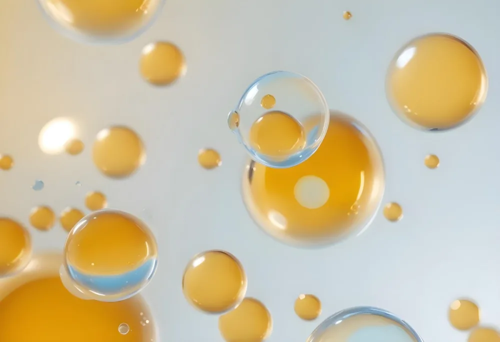 Transparent Bubbles With Blue Liquid Inside Floating In The Air Yellow Background Macro Photography Studio Shot Product Photography Clean And Minimalist 15 Ce77
