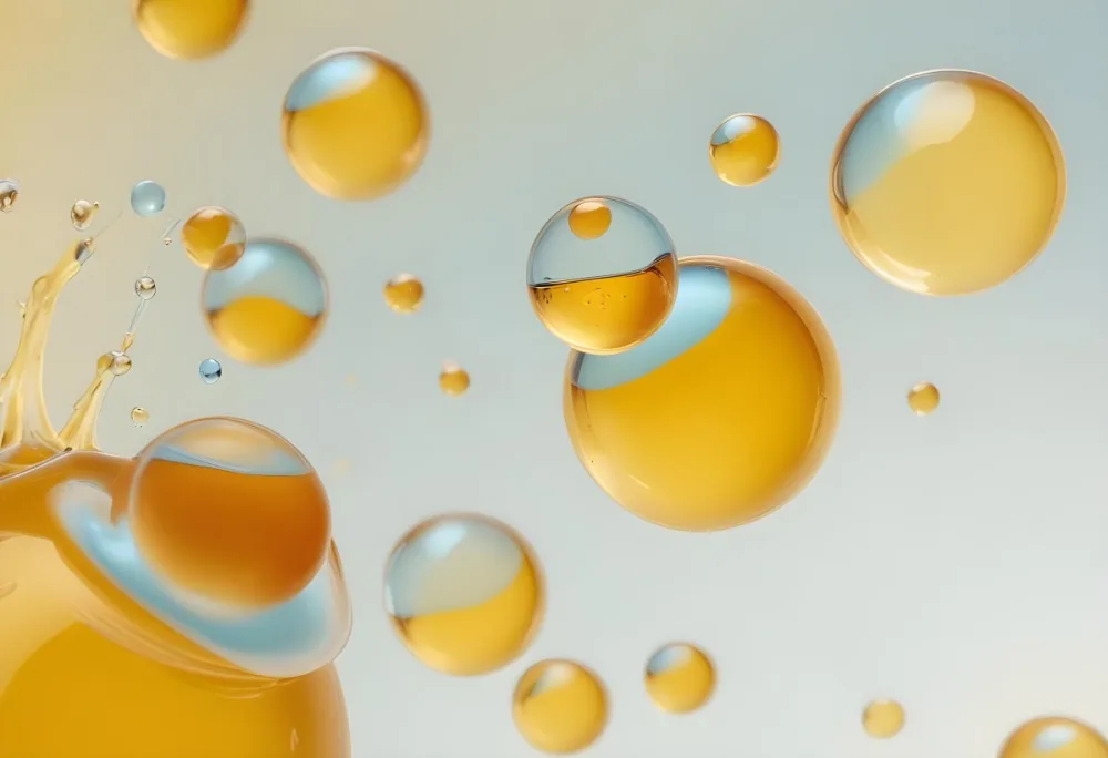 Transparent Bubbles With Blue Liquid Inside Floating In The Air Yellow Background Macro Photography Studio Shot Product Photography Clean And Minimalist 27 7432