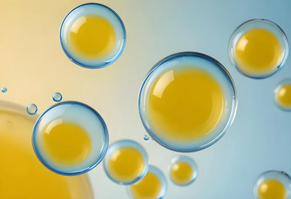 Transparent Bubbles With Blue Liquid Inside Floating In The Air Yellow Background Macro Photography Studio Shot Product Photography Clean And Minimalist 29 850f