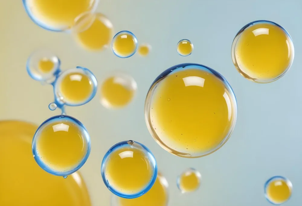 Transparent Bubbles With Blue Liquid Inside Floating In The Air Yellow Background Macro Photography Studio Shot Product Photography Clean And Minimalist 33 Bd1f