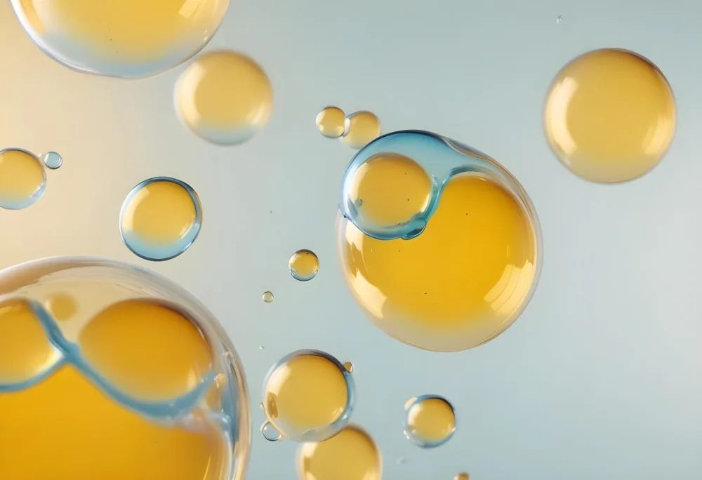 Transparent Bubbles With Blue Liquid Inside Floating In The Air Yellow Background Macro Photography Studio Shot Product Photography Clean And Minimalist 34 8121