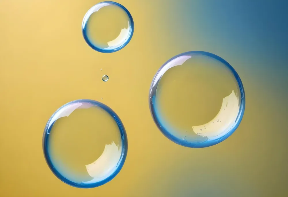Transparent Bubbles With Blue Liquid Inside Floating In The Air Yellow Background Macro Photography Studio Shot Product Photography Clean And Minimalist 41 D4ed