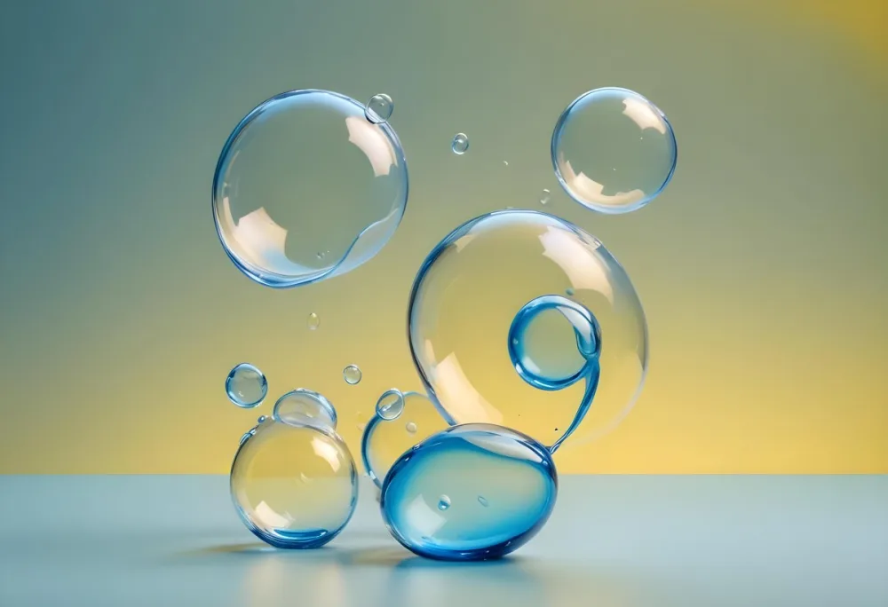 Transparent Bubbles With Blue Liquid Inside Floating In The Air Yellow Background Macro Photography Studio Shot Product Photography Clean And Minimalist 43 3577