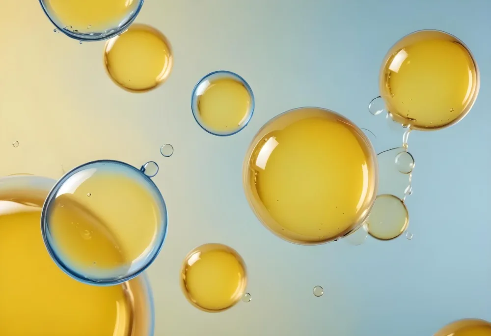 Transparent Bubbles With Blue Liquid Inside Floating In The Air Yellow Background Macro Photography Studio Shot Product Photography Clean And Minimalist 48 51d7