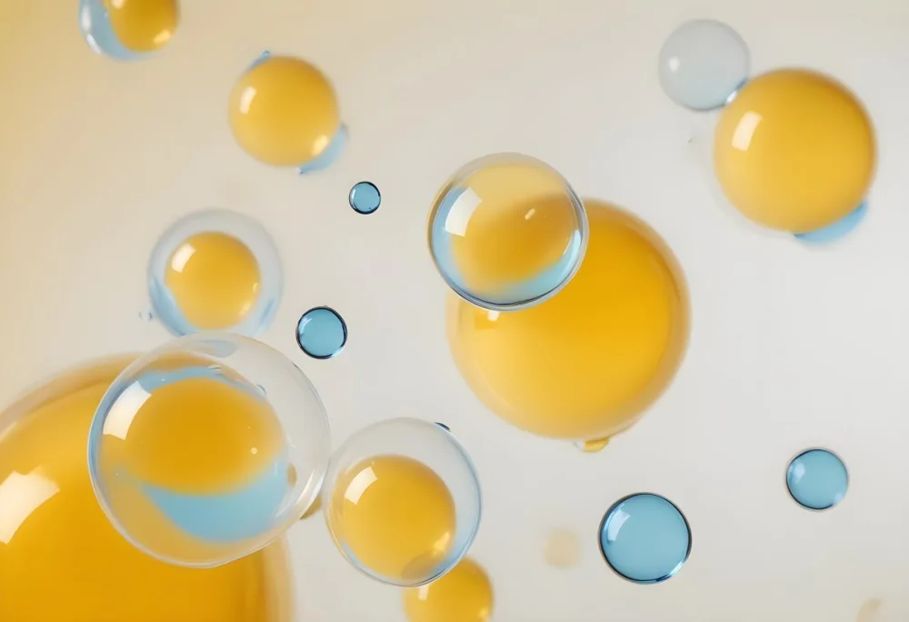 Transparent Bubbles With Blue Liquid Inside Floating In The Air Yellow Background Macro Photography Studio Shot Product Photography Clean And Minimalist 53 3b27