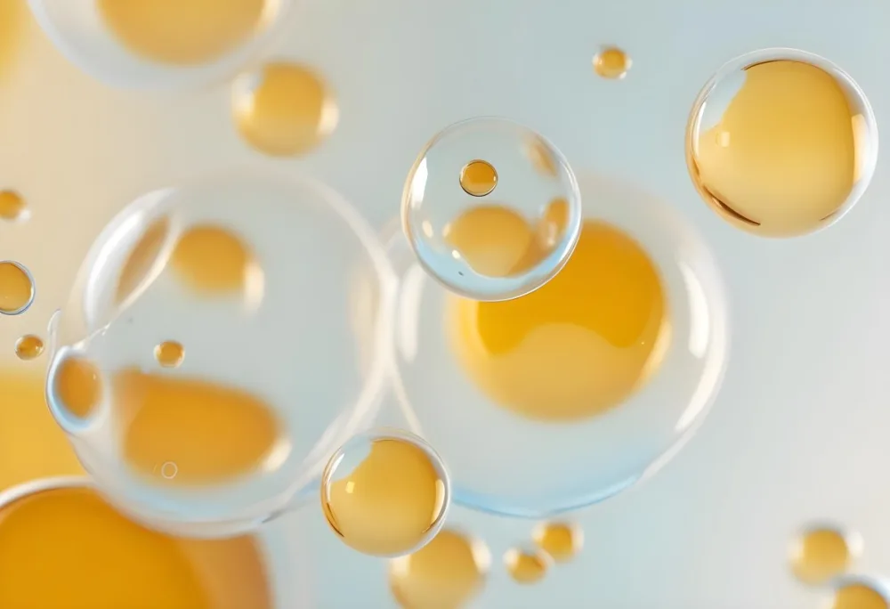 Transparent Bubbles With Blue Liquid Inside Floating In The Air Yellow Background Macro Photography Studio Shot Product Photography Clean And Minimalist 54 27bb