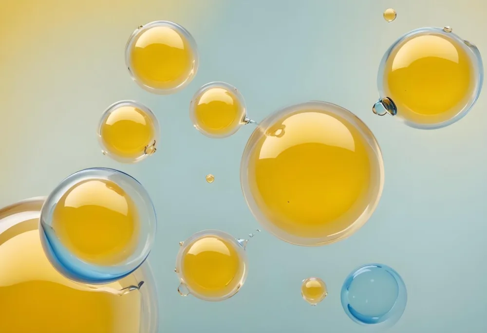 Transparent Bubbles With Blue Liquid Inside Floating In The Air Yellow Background Macro Photography Studio Shot Product Photography Clean And Minimalist 56 Cb4d