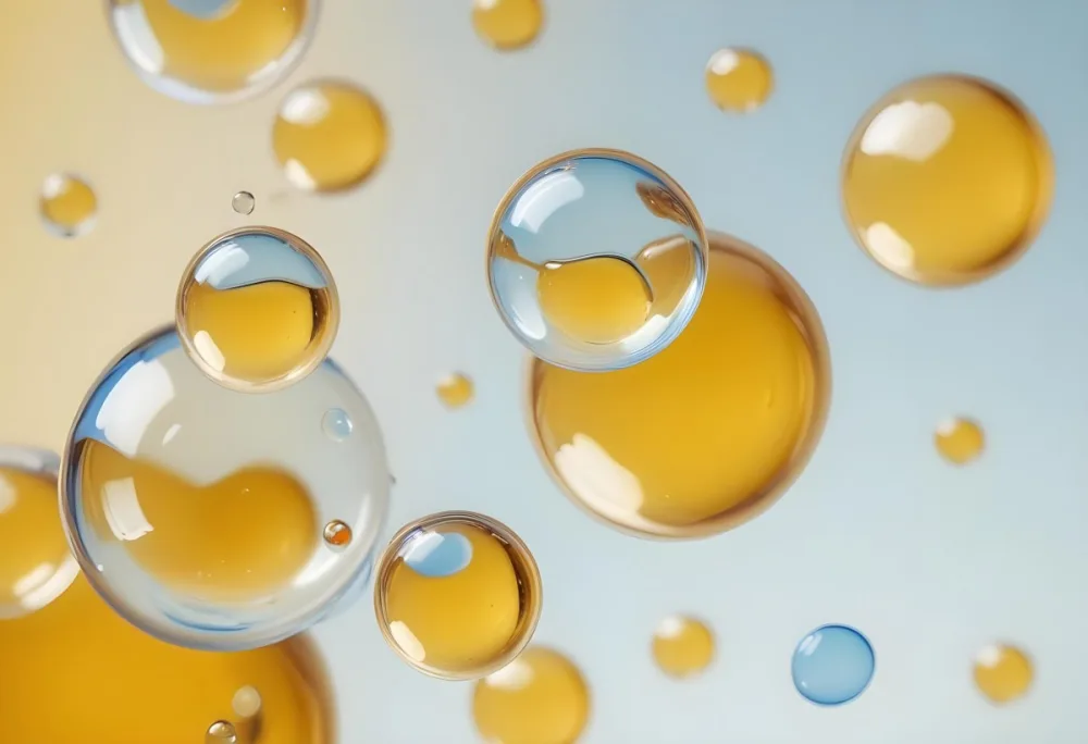 Transparent Bubbles With Blue Liquid Inside Floating In The Air Yellow Background Macro Photography Studio Shot Product Photography Clean And Minimalist 57 2382
