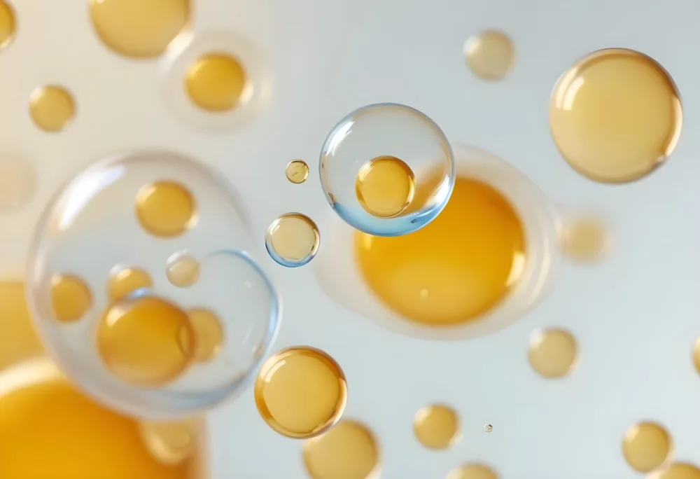 Transparent Bubbles With Blue Liquid Inside Floating In The Air Yellow Background Macro Photography Studio Shot Product Photography Clean And Minimalist 58 8337
