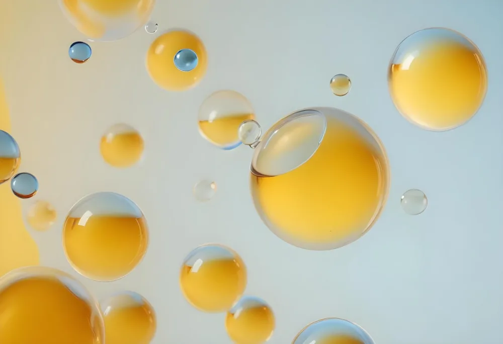 Transparent Bubbles With Blue Liquid Inside Floating In The Air Yellow Background Macro Photography Studio Shot Product Photography Clean And Minimalist 59 92d8