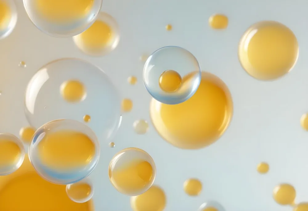 Transparent Bubbles With Blue Liquid Inside Floating In The Air Yellow Background Macro Photography Studio Shot Product Photography Clean And Minimalist 6 7a2f