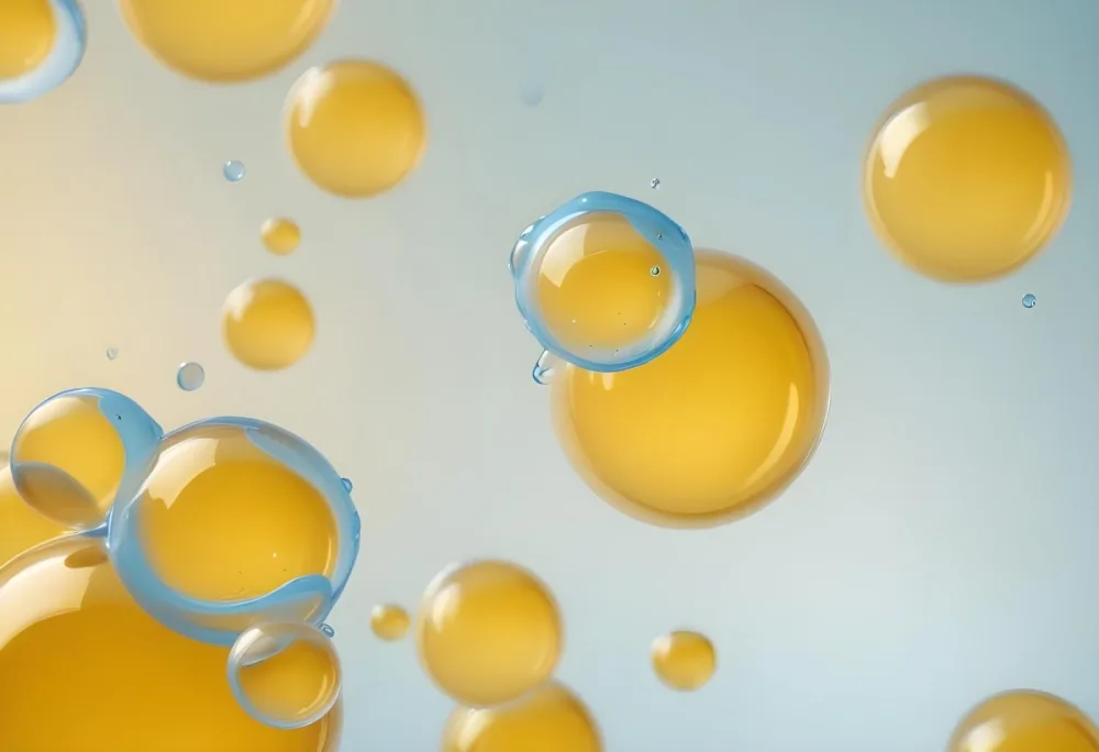 Transparent Bubbles With Blue Liquid Inside Floating In The Air Yellow Background Macro Photography Studio Shot Product Photography Clean And Minimalist 60 D399
