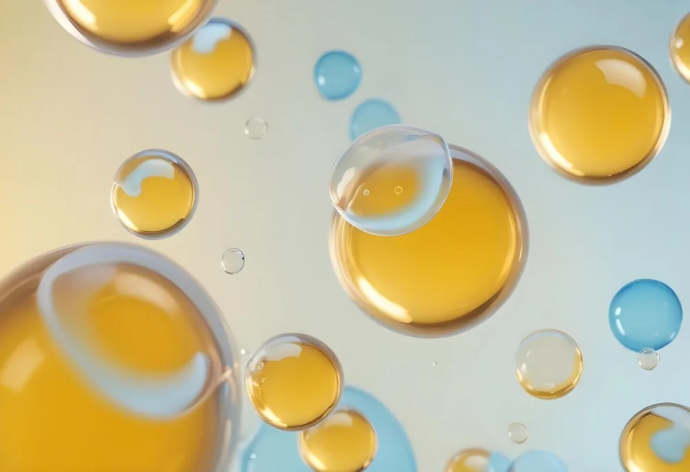 Transparent Bubbles With Blue Liquid Inside Floating In The Air Yellow Background Macro Photography Studio Shot Product Photography Clean And Minimalist 8 867b