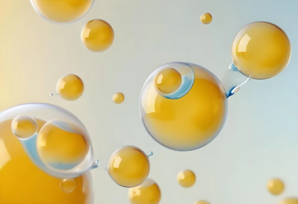 Transparent Bubbles With Blue Liquid Inside Floating In The Air Yellow Background Macro Photography Studio Shot Product Photography Clean And Minimalist 9 92fb