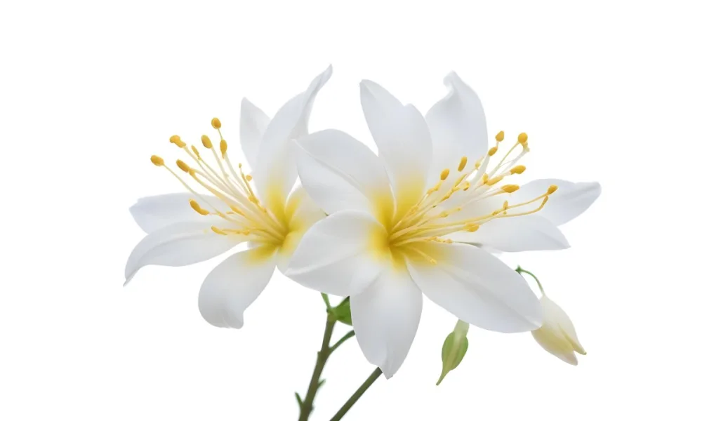 Two Jasmine Flowers With Yellow Petals And White Stamens Close Up Shot Soft Lighting Against A Plain White Background Focus On The Delicate Details Of The Flower 5 Dd98