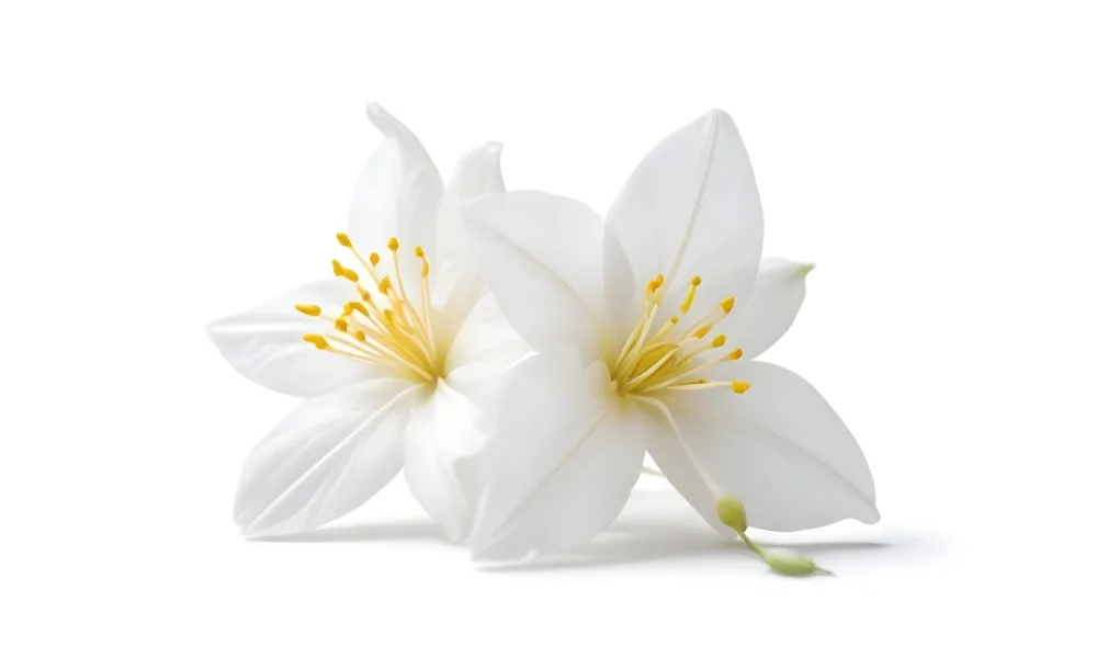 Two Jasmine Flowers With Yellow Petals And White Stamens Close Up Shot Soft Lighting Against A Plain White Background Focus On The Delicate Details Of The Flower 6 6c84